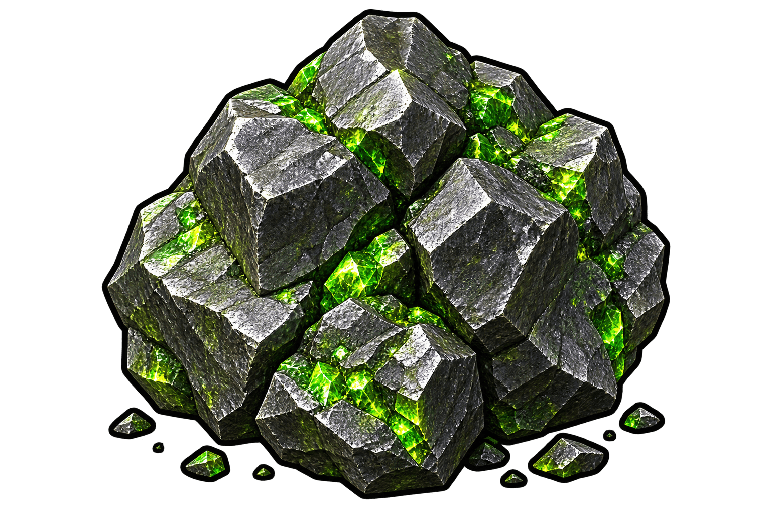 Dark uranium ore with green crystalline facets